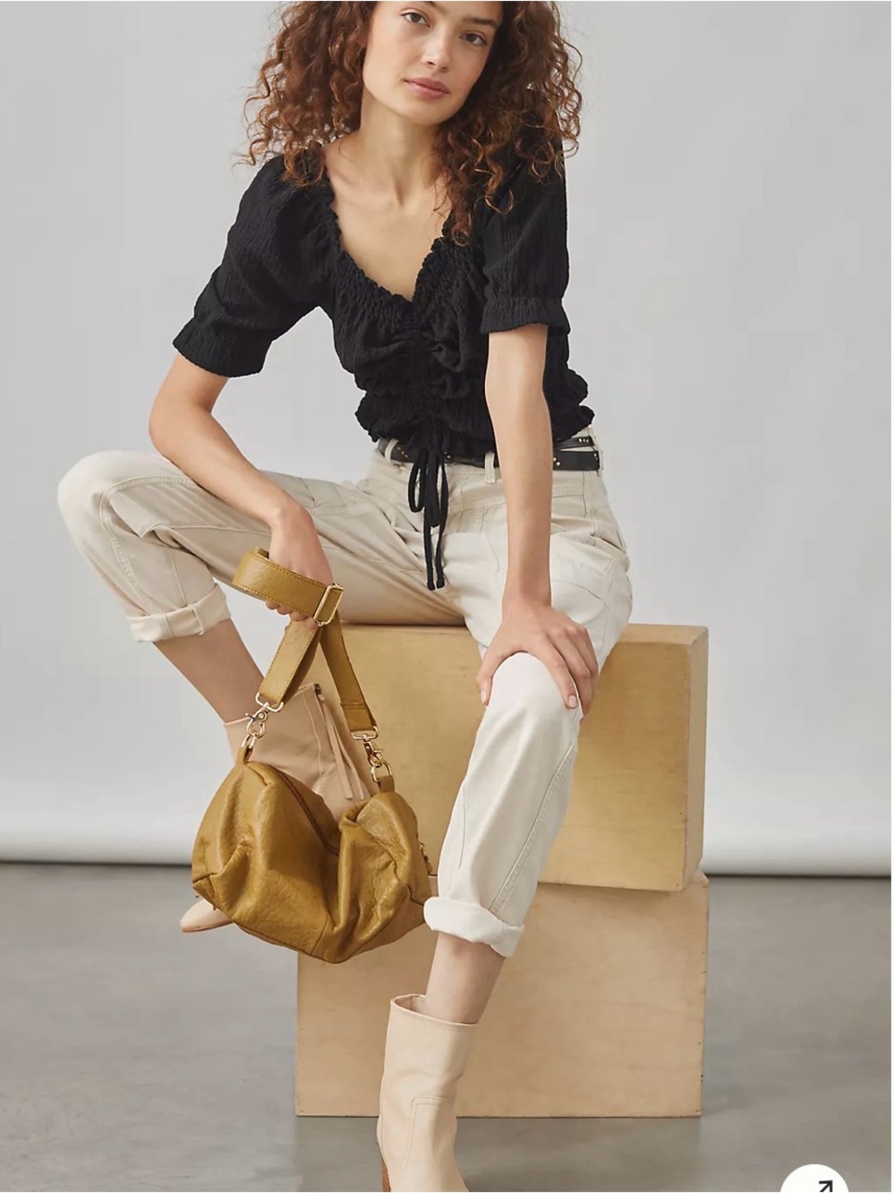 NWT Anthropologie Smocked Black Puff-Sleeve Cropped Blouse
